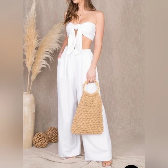 Malibu Bum White Smocked Tie Tube Top with Matching Pant Set Small New With Tags - Picture 3 of 4